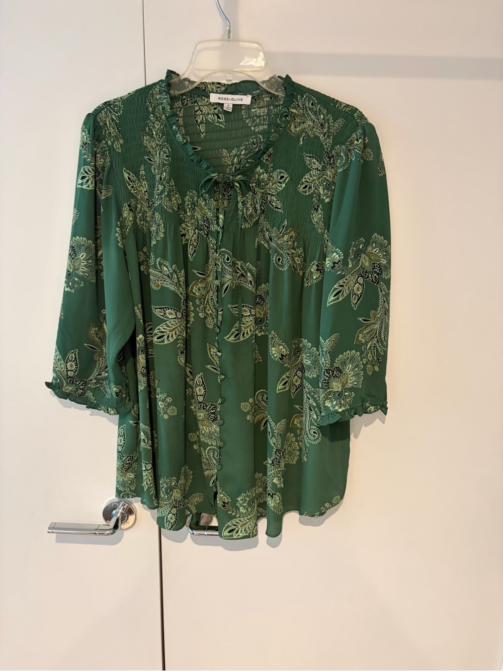 Rose & Olive Emerald Green Paisley Tie-Neck Blouse
